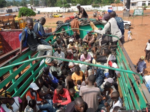 Eighteen trucks with 1500 teachers on board leave the capital Bangui today to return to their schools and start teaching again.  Credit: Cordaid